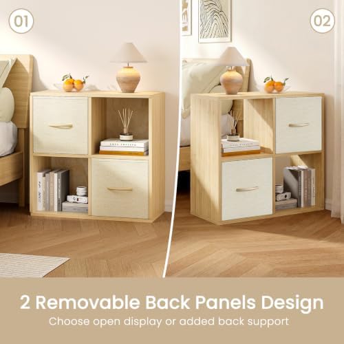 EXPERLAM 4 Cube Storage Organizer - Solid Wood Bookshelf with 2 Storage Bins, Cube Shelf with 2 Removable Back Panels, Vertical or Horizontal Bookcase, Open Book Shelf for Bedroom, Living Room, Office