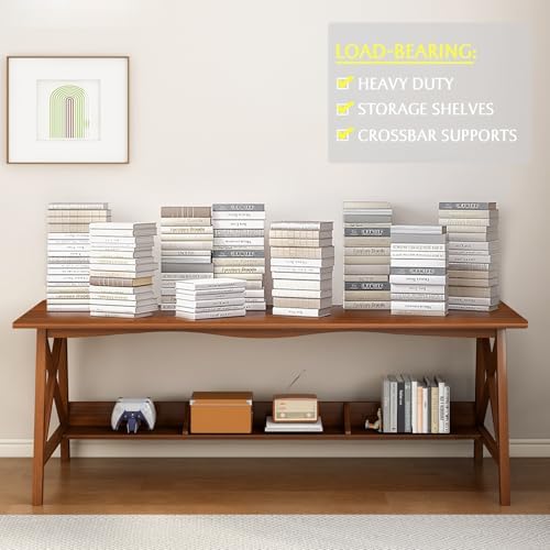 NELYE Extra Long Writing Desk with Bookshelf, 63" Wx24 Dx30 H, Walnut