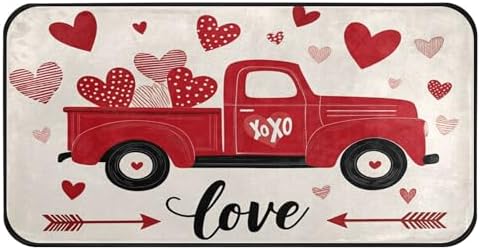 Aslsiy Retro Red Truck Hearts Love (12) Kitchen Rug Kitchen Mats Valentines Floor Comfort Welcome Washable Non Slip Area Rug for Home Decor 39" X 20"