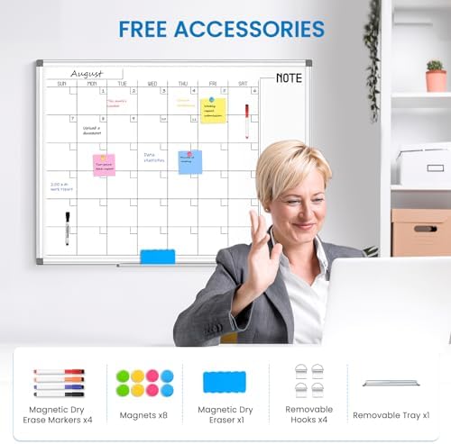 WALGLASS Large Calendar Whiteboard 48x36 Double-Sided Dry Erase for Wall