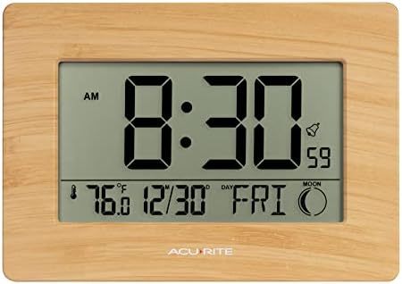 AcuRite Wireless Digital Wall/Tabletop Clock with 4 Interchangeable Plastic Frames - Stainless Steel, Bamboo, Matte Black, and Matte White – with Date, Indoor Temperature, and Moon Phase (75439)