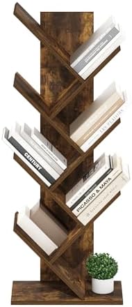 Furinno Tree Book Shelf, 7-Tier Bookshelf with Angled Open Shelf, Tree Bookcase for Room Decor, 8.4 x 15.7 x 39.4, for Organization and Storage, for Living Room, Bedroom, Home Office, Amber Pine