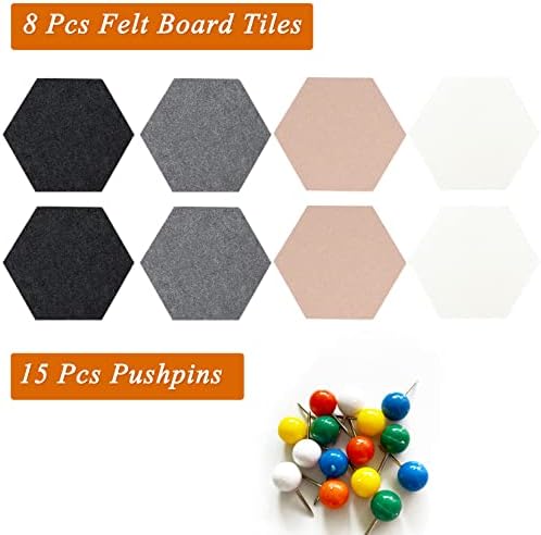 8Pcs Hexagon Felt Cork Board Tiles, Self Adhesive DIY Bulletin Board Pin Board for Office School Home Wall Decor Stickers Memos Photos Display (Camel & Grey)