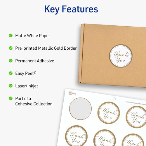 Avery Printable Round Labels, 2" Diameter, Matte White with Metallic Gold Borders, Permanent Adhesive, 120 Blank Labels, Great for Weddings, Showers, Holidays, and More (22875)