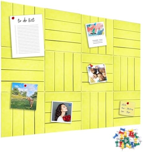 12 Packs Yellow Felt Pin Board, Large 12" Bulletin Board with 30 Push Pins, Felt Board Slat Wall Paneling for Office Home Kitchen, Self-Adhesive Corkboard Tiles for Classroom Message Photos Memos