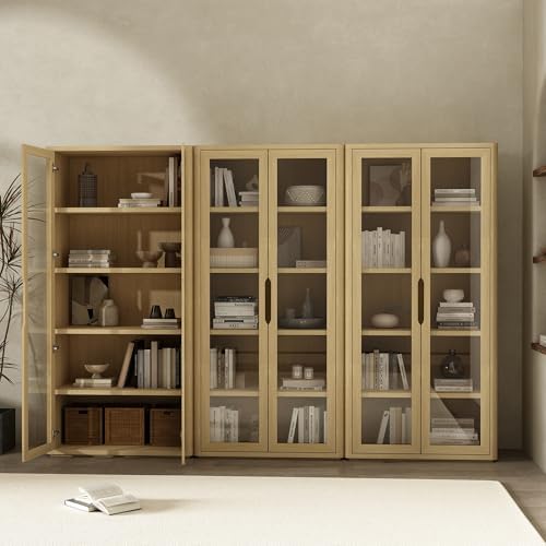 Manhattan Comfort Rivington 5-Shelf Bookcase 79" Tall Modern Bookshelf with Soft Close Glass Doors, Adjustable Fit, Handle-Free, Storage Cabinet for Living Room, Bedroom, Office, Set of 3, Natural Oak