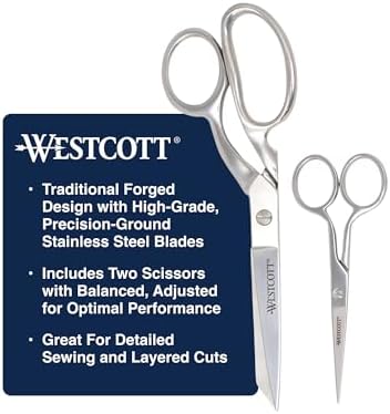 Westcott Forged 8in & 5in Scissors for Fabric and Paper Crafts, 2-Pack, Detail Snips and Heavy Duty Shears, Dressmaker Shears for Sewing, Tailoring, Quilting, Art, Office