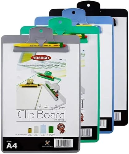 Yosogo A4/Letter Size Plastic Clipboard, 4-Pack with Handy Pen Holder & Bonus Pen, Holds up to 40 Sheets, Durable Plastic – Writing, Office, Stationary, School Supplies Set (4-Pack)