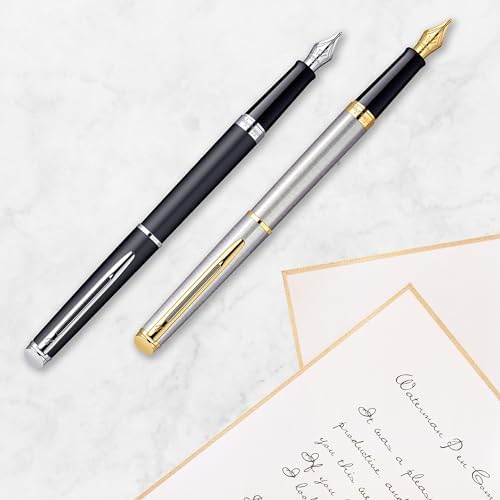 Waterman Hémisphère Fountain Pen Black with Gold Trim Medium Nib Blue Ink Gift Box