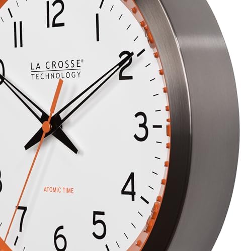 La Crosse Technology 404-87696-INT 10 inch Orange Chapter Ring Stainless Steel Atomic Analog Wall Clock