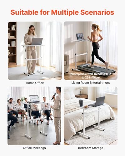 VEVOR Standing Desk, Adjustable Height Mobile Stand Up Desk with Lockable Casters, 32 x 16 in Small Computer Sit Stand Rolling Workstation with Hook, 55.1 lbs Desktop Capacity, for Home Office, White