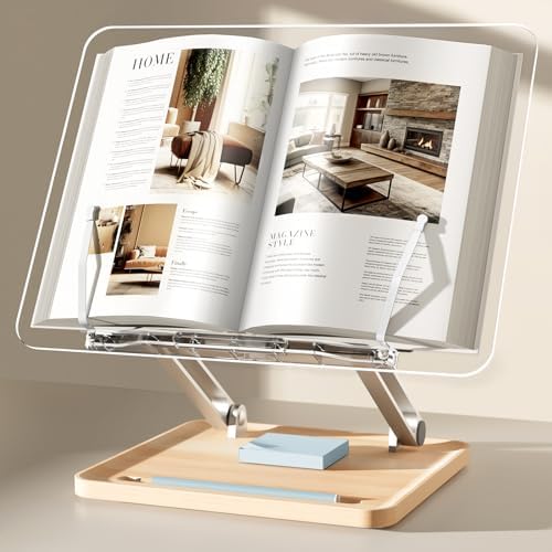 Acrylic Book Stand with Storage Base, Dual Aluminum Arm Reading Holder