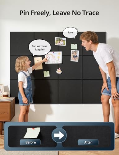 Kuchoow Large Felt Bulletin Cork Board Self-Adhesive Black Squares Pin Wall Tiles, 48'' x 36'' Vision Tack Panels for Classroom Office Display 12 Pack Corkboard for Kitchen Bedroom Home Decor