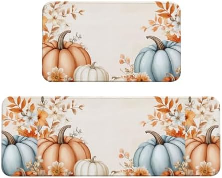 Watercolor Pumpkin Kitchen Floor Mat Set of 2, Non Slip Rugs Absorbent Mats for Floor Countertop Office Home, Blue and Green Indoor Outdoor Decor Doormat 17" x 29.5" + 17" x 47"
