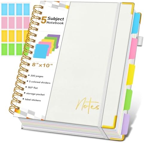 Spiral Notebook Journal with Removable Dividers Tabs, 300 Pages Hardcover Leather 5 Subject College Ruled Notebook, 8"x10" Large B5 Lined Journal for Women Men, Spiral Notebooks for Work School, Beige
