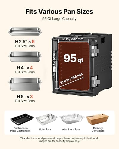 VEVOR Insulated Food Pan Carrier, 95 Qt Non-Electrical Food Warmer, with Wheel & 304 Stainless Steel Latch, LLDPE Stackable Hot Box, for Various Pan Sizes(NOT Included), Fit Catering BBQ Event(Black)