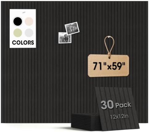 Large Cork Board for Walls 71" x 59",30 Pack 12"X12"Felt Bulletin Board Tiles with 240 Adhesive Tabs,Cork Board Alternative for Office Decor, Push Pin Board Wall Organizer- Black