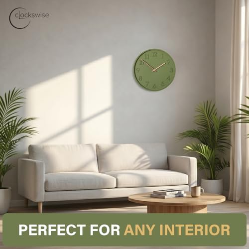 Clockswise 11" Modern Minimalist Round Wall Clock Green Arabic Numerals and Dial Analog Display Step Movement Mechanism Easy-to-Read Timepiece for Living Room Kitchen Office or Bedroom Wall Decor