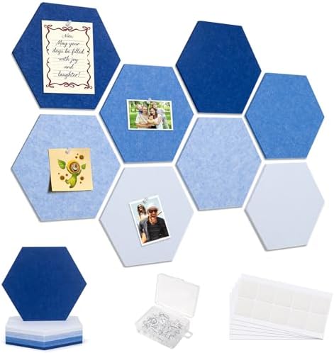 8 Pack Hexagon Felt Cork Board Tiles, 12'' Felt Bulletin Board for Walls Decor with 30 Pushpins, 50 Adhesive Tabs for Office & Home Pin Board, Notes Photos & DIY Classroom Decor (Gradual Blue)