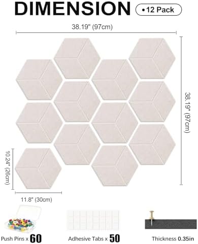 12-Pack Hexagon Cork Board Alternative for Walls Decor, 38.2" x 38.2" Large Felt Bulletin Board, with Pushpins, Damage-Free Adhesives, Thick Pin Board for Office, Home (Oatmeal)