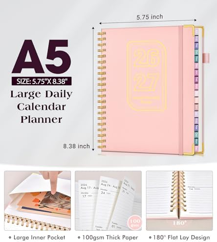 Academic Planner 2026-2027, 18 Months Weekly and Monthly Hardcover Planner, July 2026 - December 2027, 8.5" x 11" A4 Large Daily Calendar Planner Book with Tabs, Spiral College School Agenda Organizer for Student Teacher, Pink