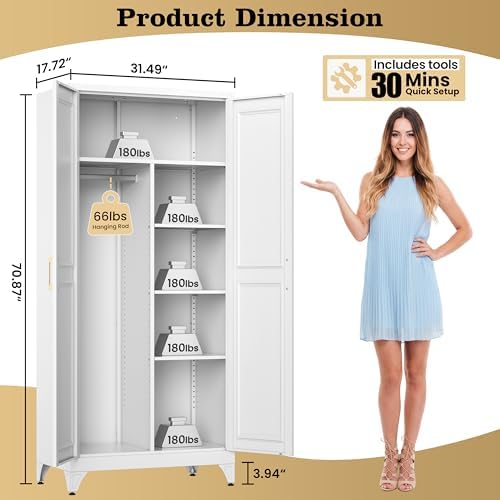 71" Metal Storage Cabinet with Hanging Rod, Tall White Wardrobe Closet with 3 Adjustable Shelves, Heavy Duty Steel Office Armoire, Modern Minimalist Design for Bedroom, Laundry Room