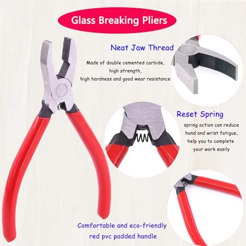 Glass Cutting Tool Set Kit,Premium Glass Running Breaking Pliers and Glass Cutter Kit, Heavy Duty Glass Cutting Tool with Rubber Tip, Work Great for Stained Glass, Mosaics, Fusing, Breaking