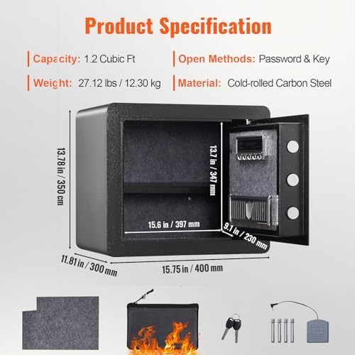 VEVOR Safe 1.2 Cubic Feet Steel Security Safe with Digital Keypad and 2 Keys, Cabinet Safe with Fire-proof Bag, Protect Cash, Gold, Jewelry, Documents for Home, Hotel, 15.8x11.8x13.8 inche