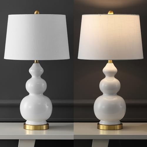 JONATHAN Y Bowen 27.5" Ceramic Triple Gourd Table Lamp, White/Brass Gold