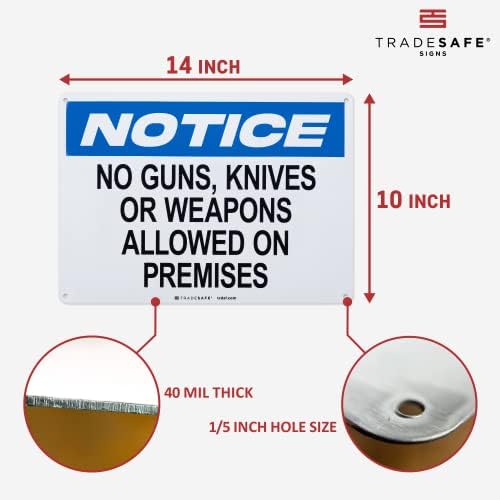 TRADESAFE No Gun, Knives or Weapons Allowed Sign, Quick Install Aluminum Safety Sign, Light Reflective, UV-Resistant, Waterproof, 14” X 10” No Weapons Allowed Sign for Business