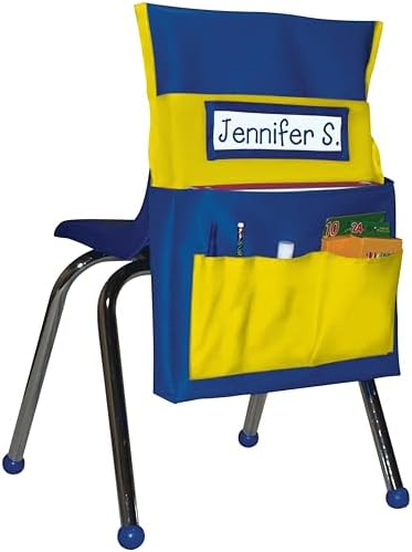 Carson Dellosa 15" x 19" Canvas Blue and Yellow Chairback Buddy Pocket Chart, Seat Storage for Classroom K-2, Classroom Chair Seat Storage with Pockets with 6 Chair Pockets and Student Name Tag | Durable 15x19" Chairback Buddy for Classroom Supplies, D...