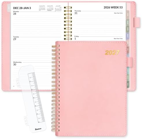 SUNEE 2027 Weekly & Monthly Planner 6.2"x8.5"- 12 Month (January 2027 - December 2027), Vegan Leather Cover, Pocket, Bookmark, Notes, Monthly Tab, Peach Pink