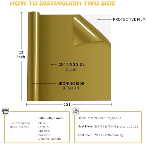 VinylRus Heat Transfer Vinyl, Gold, 12" x 20ft