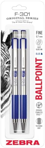 Zebra Pen F-301 STEEL Retractable Ballpoint Pen, Blue Ink, 0.7mm, 2-Pack