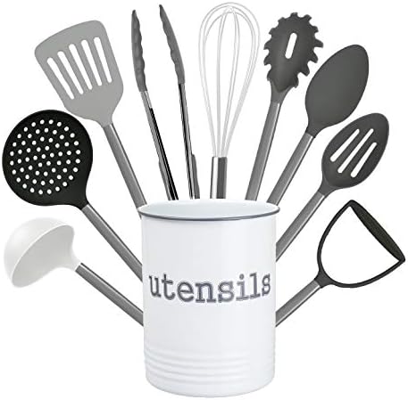 Cook With Color 10 Piece Nylon Cooking Utensil Set with Holder, Kitchen Tools and Gadgets with Rounded Copper Handles (Ombre Grey)