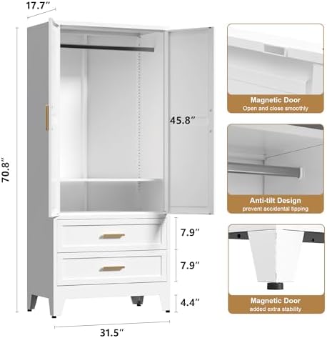 Washsemba 71'' Farmhouse Metal Wardrobe Cabinet with Hanging Rod, 2 Barn Door Wardrobe Closet with Adjustable Shelves,2 Drawer,for Dining Room,Bedroom,Living Room, Cloak Room,Office (White)