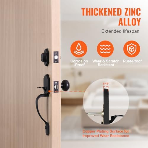VEVOR Front Door Handle and Deadbolt Set, Matte Black Front Door Lock Set with Interior Knob, Adjustable Hole Spacing Single Cylinder Handleset, for Right and Left Handed Entrance and Front Door