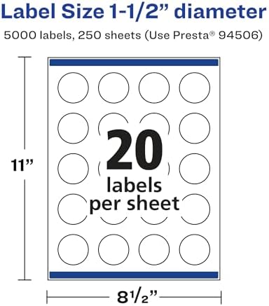 Avery® Matte White Round Labels, Sure Feed® Technology, 1.5" Diameter, 5,000 Matte White Printable Labels
