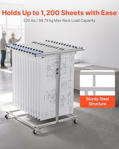 VEVOR Blueprint Storage Rack, Mobile Blueprint Holder with 12 Pivot Brackets, Plan Holder Adjustable Height & Length, Poster Display Rack for Office and Home (Rack Only Without Clamps)