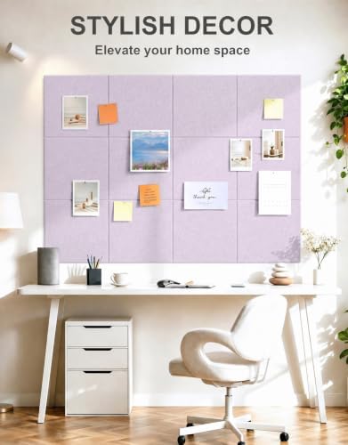 Felt Wall Tiles Bulletin Board Large Cork Board Alternative 12 Pack 11.81”x11.81”x0.47” Felt Pin Board Tack Board with Safe Removable Adhesive Tabs for Home Office School 48x36(Light Purple)