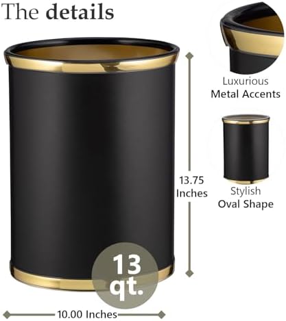 Kraftware Sophisticates Black/Polished Gold Brass Waste Basket with 3/4-Inch Bands and Brass Bumper