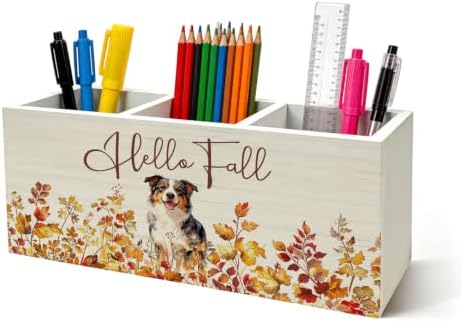 Hello Fall Australian Shepherd Pen Holder for Desk Decor