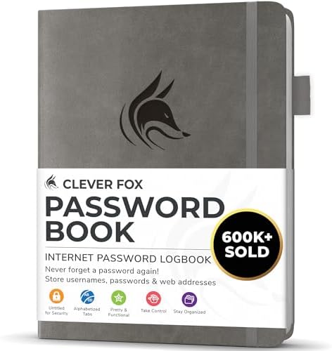 Clever Fox Password Book with Alphabetical Tabs, 4"x5.5" Keeper Grey