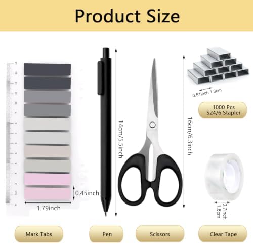 Office Supplies,Black Desk Accessories,Office Supplies Set,Stapler and Tape Dispenser Set,Scissors,Staple Remover,Binder Clips,Staples,Ballpoint Pen,Index Tabs with Ruler,Clear Tape.9pcs for Office