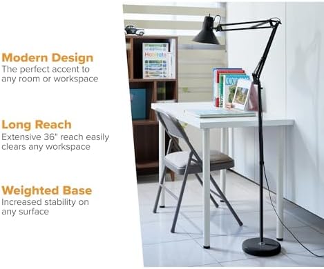 Bostitch Office VLF100F Swing Arm Metal Floor Lamp, 72" Tall with Multi-Joint Adjustment, Includes Replaceable LED Bulb (VLF), Black
