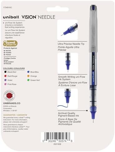 uniball Vision Needle Roller Ball Pen, Stick, Fine 0.7 Mm, Assorted Ink Colors, Silver Barrel, 8/pack