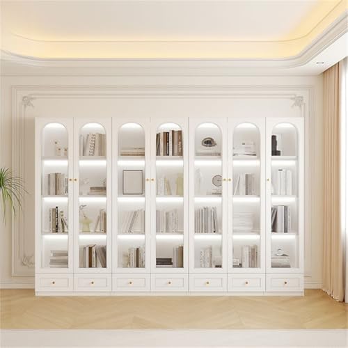 4-Tier Wood Barrister Bookcase with Multiple Drawers & Shelves Bookcase Bookshelf Integrated Home Living Room Study Cabinet Modern Display Cabinet Shelf White 110" L x 13" W x 79" H