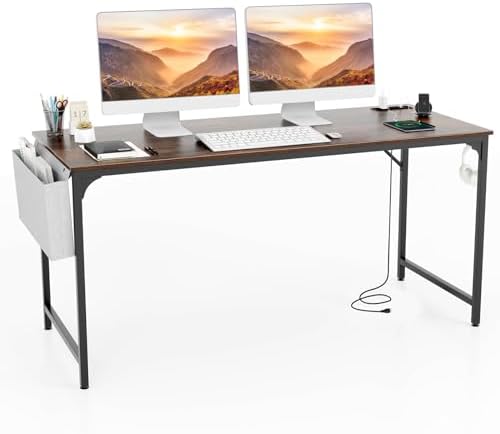 COSTWAY Home Office Desk, 32 Inch Computer Desk with Recessed Power Strip, Storage Bag & Headphone Hook, Wide Desktop, Modern Computer Workstation Writing Table for Home, Office (Rustic Brown + Black)
