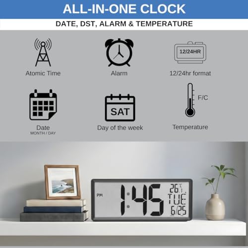 Wall Clock – 14" Atomic Digital Wall Clock with Extra-Large 4.5" Time Display | Battery Operated, Radio Controlled with Automatic Daylight Saving Time | Temperature, Date & Dual Alarms