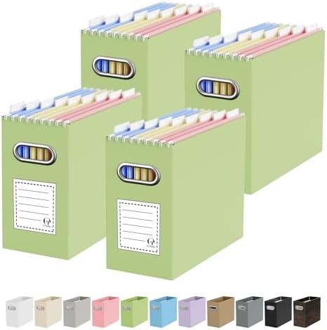 Oterri Portable Collapsible Cardboard File Box with Handle for Letter-Size | 4-Pack. Stainless Steel Handle. Label Stickers Included. Fits Letter Folders (Not Included). Home, Office, School, Dorm, Tax.